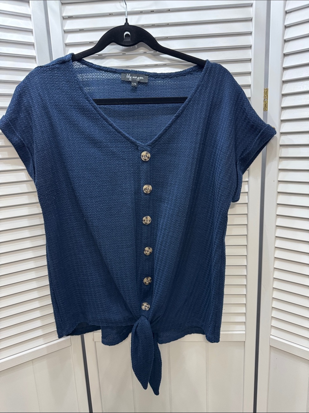Lily Morgan Navy Button-Front Tie Hem Top
